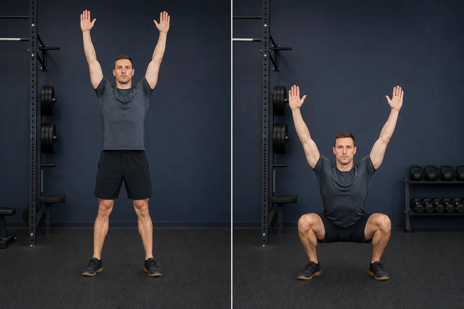 Overhead squat front view: start position on the left and controlled squat on the right